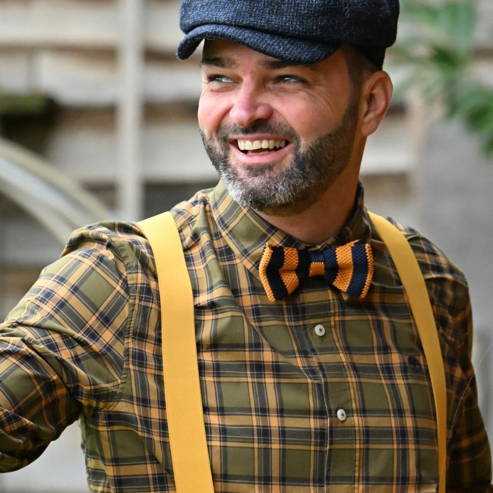 Strik gebreid blauw - cognac - 1